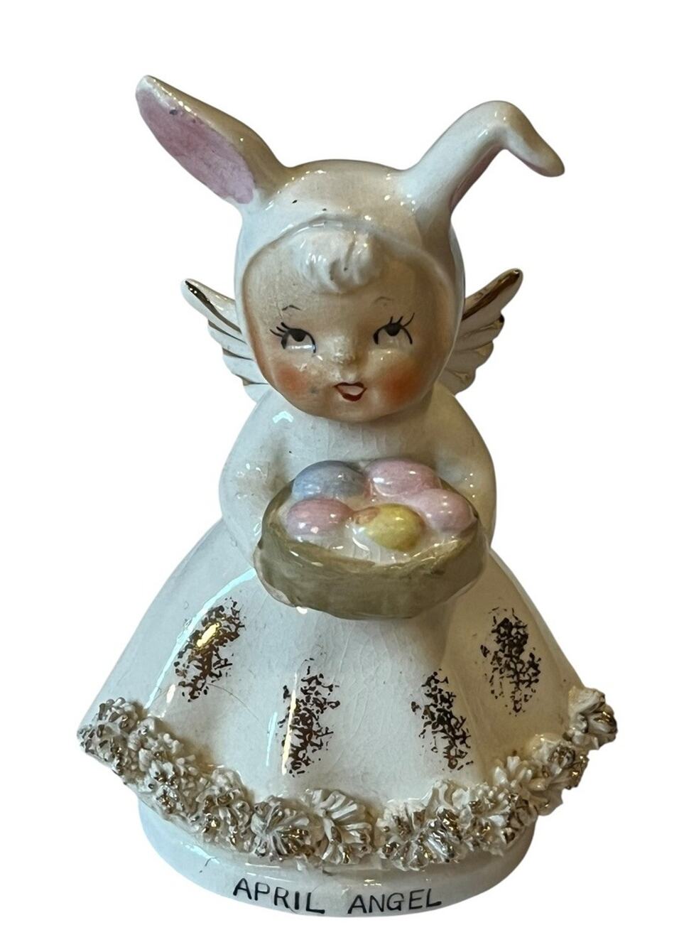 VTG Norcrest Japan April Angel Girl F-120 Figurine Easter Eggs Bunny Ears 4.25”